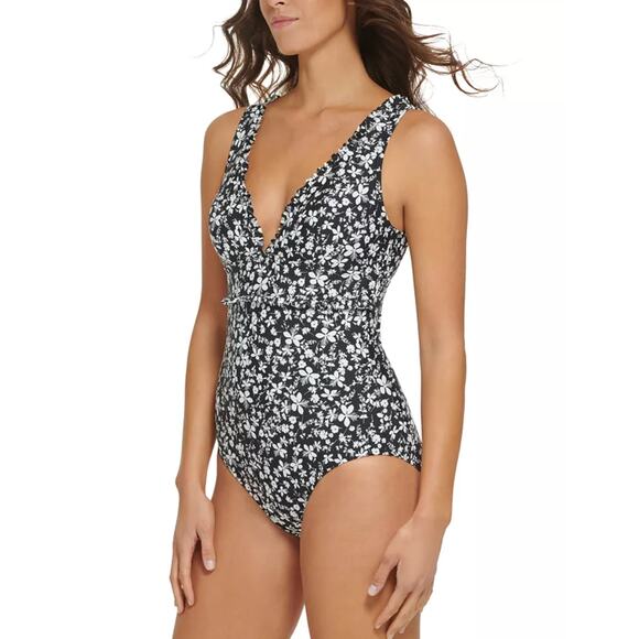 Tommy Hilfiger Floral Print Ruffle Trim One-Piece Swimsuit 12 - Picture 1 of 7